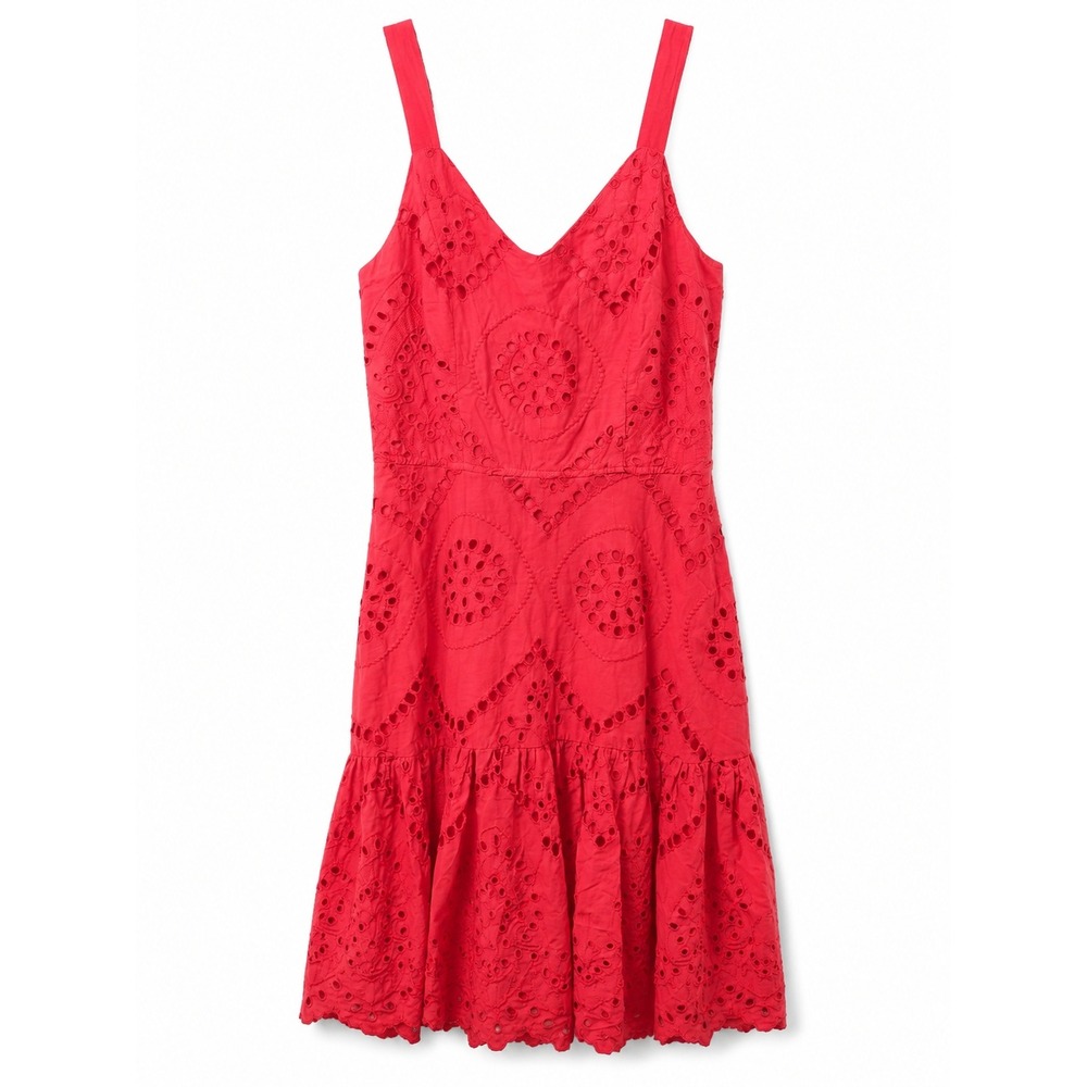 Japna Red Eyelet Cotton Dress Medium V-Neck Tiered Sleeveless chic beach